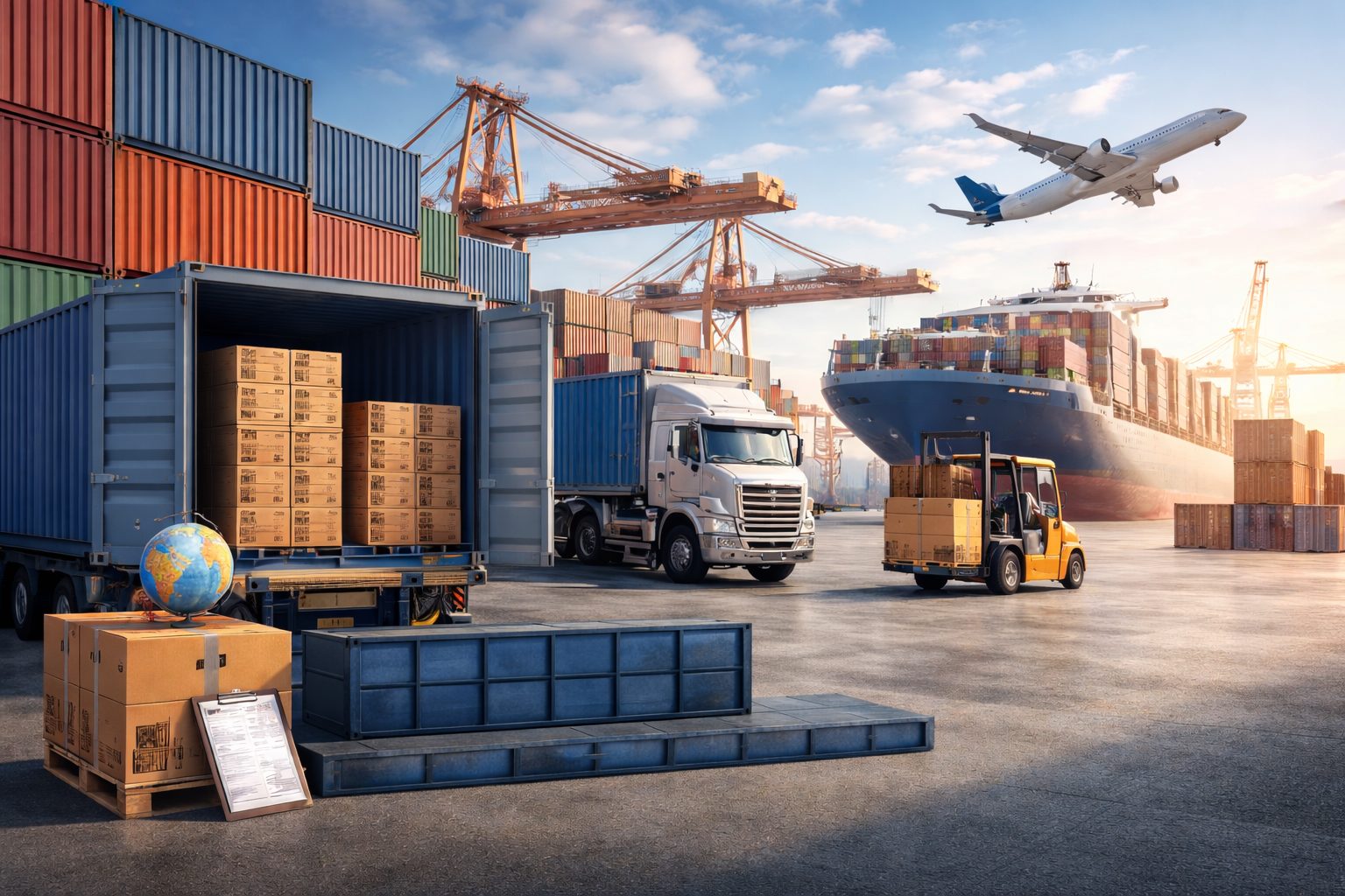 Busy shipping port at sunset — TRION EXIM LLP global exports